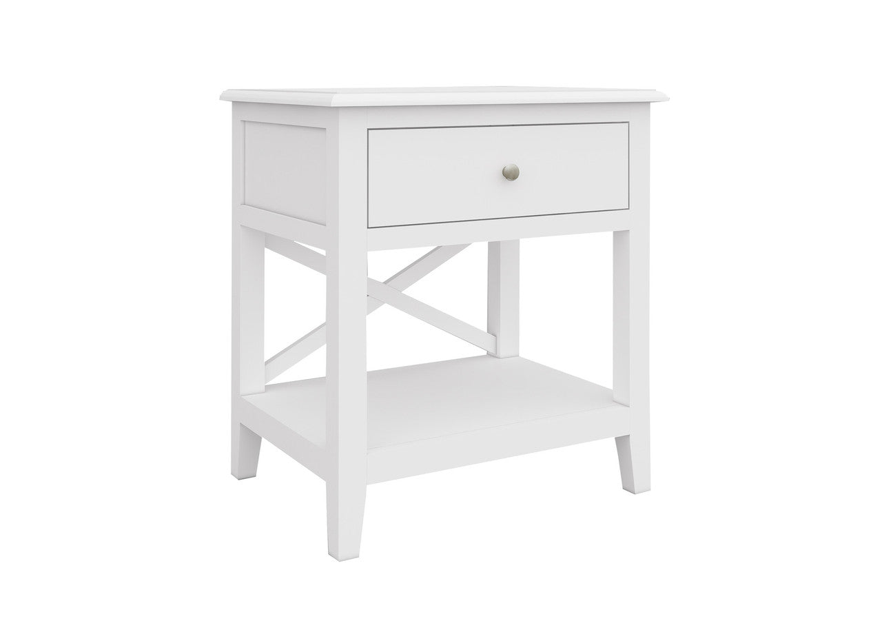 HAMPTON SIDE TABLE - 1 DRAWER / 1 SHELF - 550(L) x 420(W) - WHITE