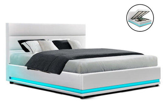 QUEEN RHEMALYN LEATHERETTE GAS LIFT BED - WHITE