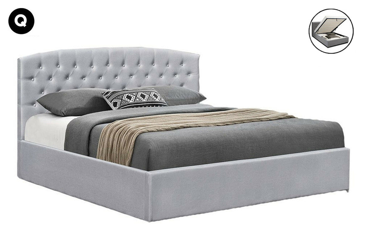 QUEEN HERACLES FABRIC GAS LIFT STORAGE BED WITH HEADBOARD - LIGHT GREY