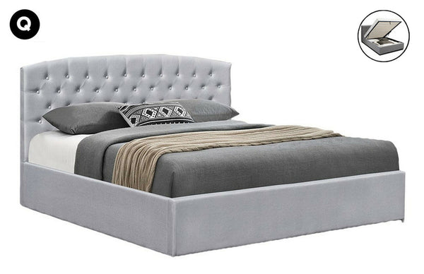 QUEEN HERACLES FABRIC GAS LIFT STORAGE BED WITH HEADBOARD - LIGHT GREY