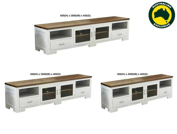 HUNTER (AUSSIE MADE) TV UNIT WITH TIMBER TOP 2 DOOR / 2 DRAWER COLLECTION - ASSORTED PAINTED / STAINED COLOURS - STARTING FROM $1999