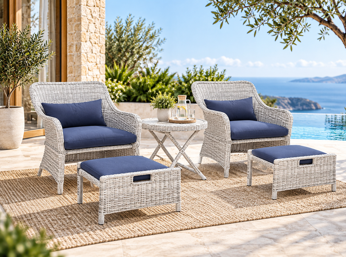 Hampton Boy 5-Piece Conversation Setting – Steel Grey Wicker with Navy Cushions