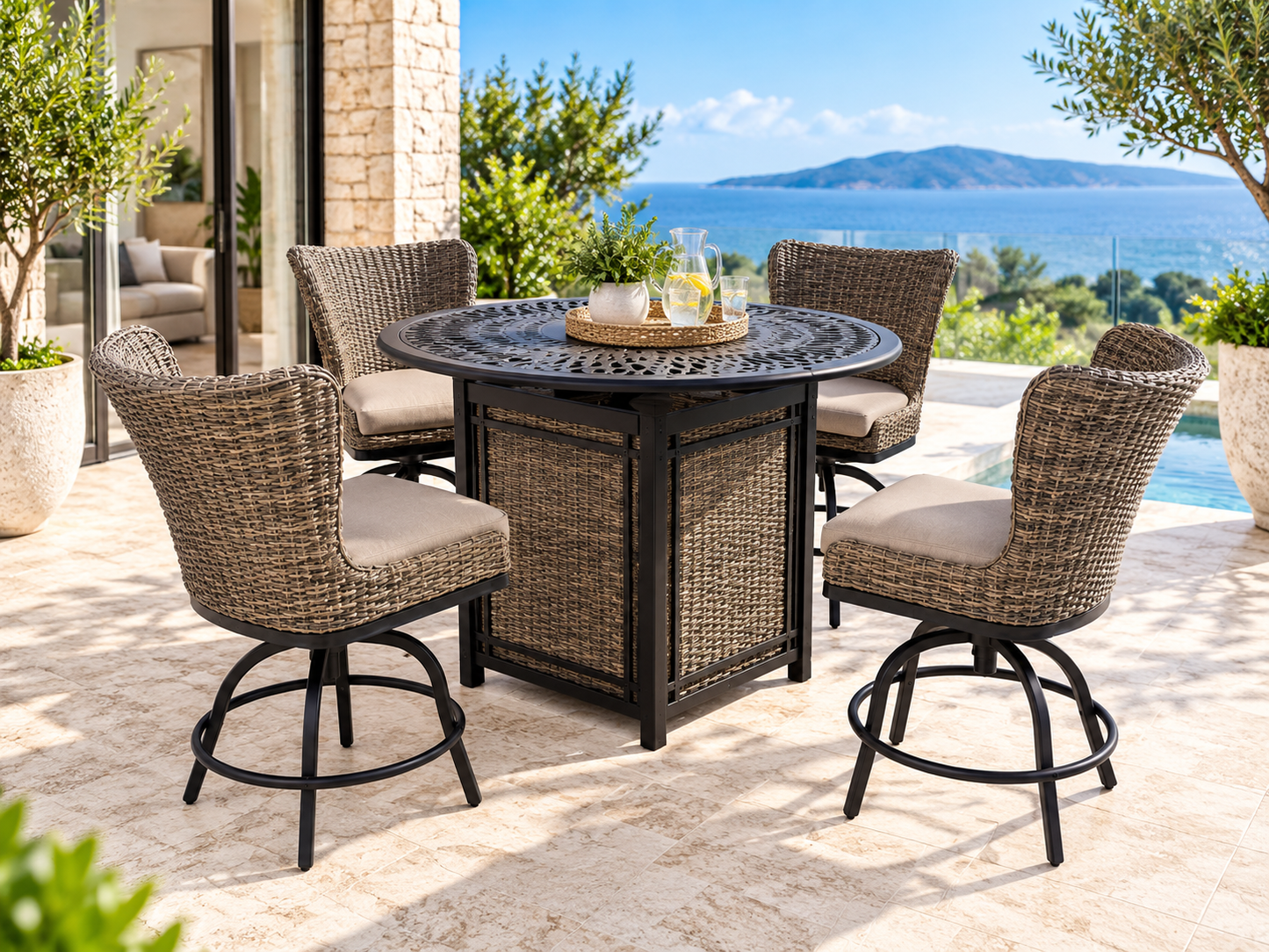 Hazel Hurst 5-Piece Outdoor High Dining Setting with Fire Pit – Wicker Swivel Chairs & Steel Frame