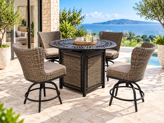 Hazel Hurst 5-Piece Outdoor High Dining Setting with Fire Pit – Wicker Swivel Chairs & Steel Frame