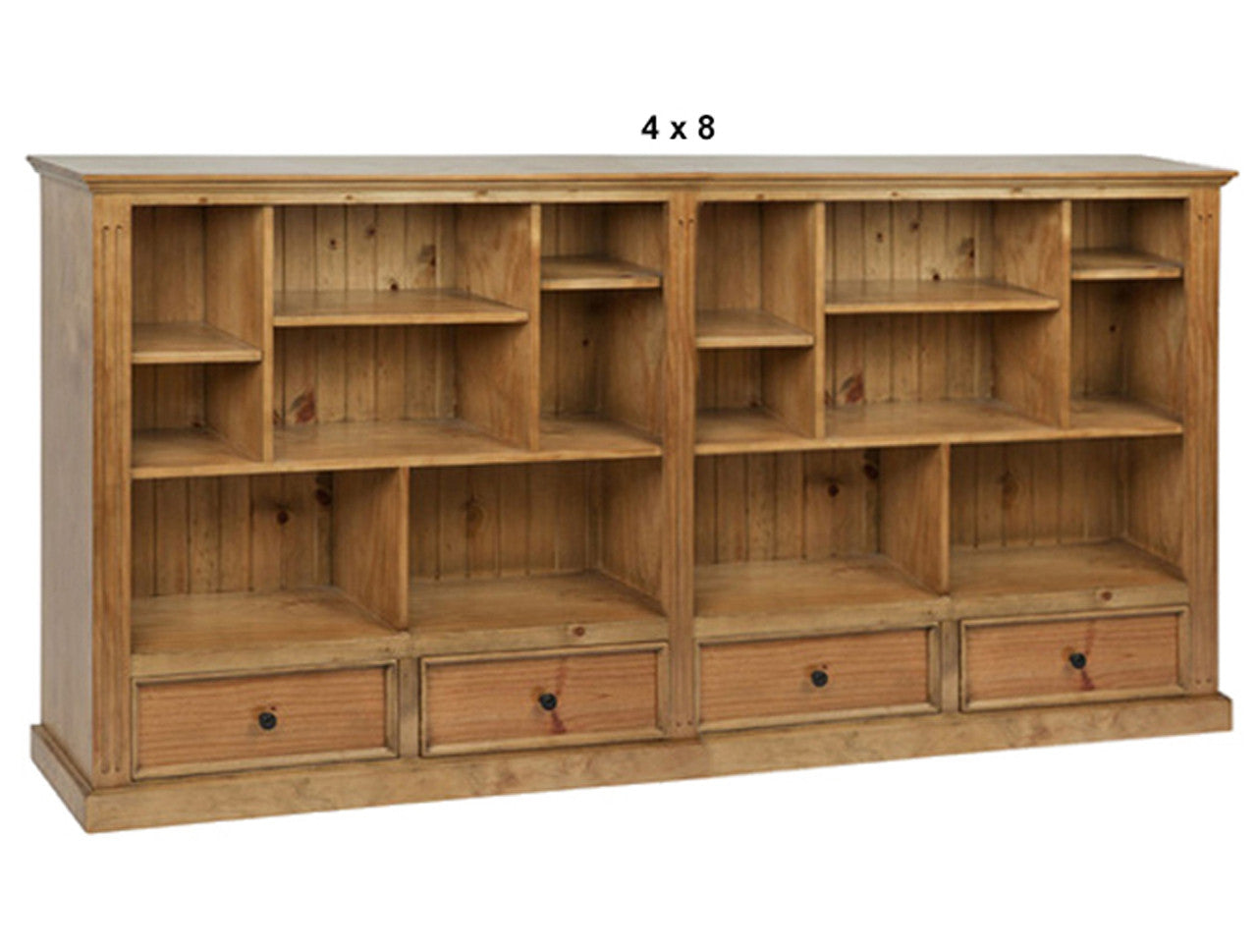 HERALDY (AUSSIE MADE) LOWLINE WITH 4 DRAWERS PICTURED FRAMED (3 SECTION) PIGEON PAIRED BOOKCASE COLLECTION - ASSORTED STAINED COLOURS - STARTING FROM $1499