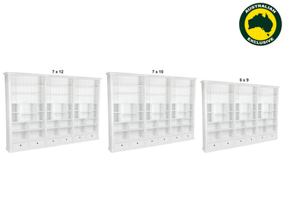 HERALDY (AUSSIE MADE) HIGHLINE WITH 36 SHELVES / 6 DRAWERS - (4 SECTION) PIGEON PAIRED BOOKCASE COLLECTION - ASSORTED STAINED COLOURS - STARTING FROM $2399