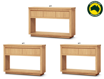HIGHLAND (AUSSIE MADE) HALL TABLE WITH FLOATING BASE COLLECTION - TASSIE OAK COMBINATION - ASSORTED STAINED COLOURS - STARTING FROM $999