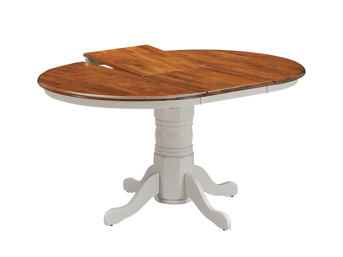 HOBART ROUND EXTENSION DINING TABLE WITH PEDESTAL BASE - BURNISH OAK / WHITE