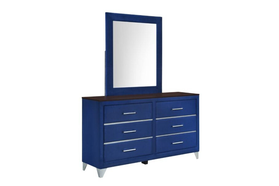 JAYCEE VELVET 6 DRAWER DRESSING TABLE WITH MIRROR - BLUE