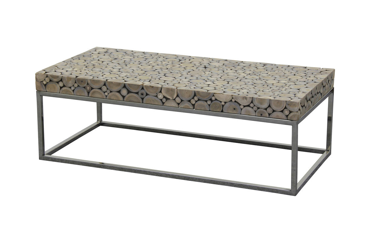 IBERIA DRIFTWOOD AND STAINLESS STEEL COFFEE TABLE -1200(W) X 600(D)- NATURAL/SILVER
