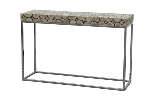 IBERIA DRIFTWOOD AND STAINLESS STEEL CONSOLE TABLE - 790(H) X 1200(W) X 390(D) - NATURAL/SILVER