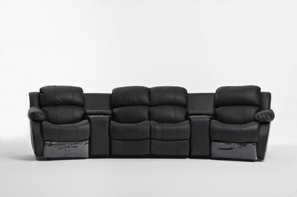 NIKKI 4 SEATER 100% LEATHER/ETTE COMBINATION HOME THEATRE ENTERTAINMENT LOUNGE SUITE WITH 4 RECLINERS - BLACK