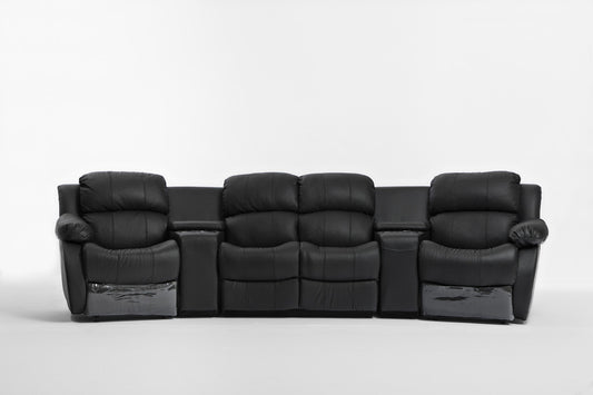 Nikki 4 Seater 100% Leather/ette Combination Home Theatre Entertainment Lounge Suite With 4 Recliners - Black