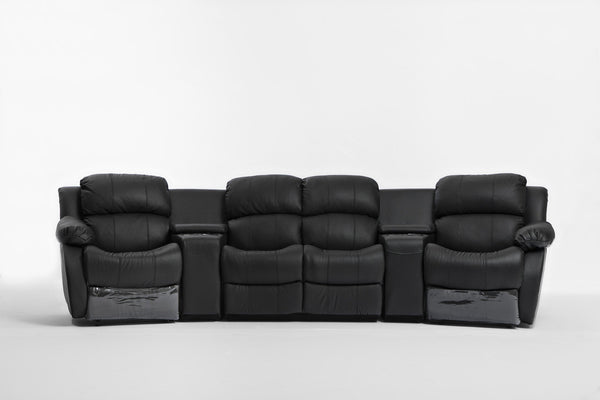 NIKKI 4 SEATER 100% LEATHER/ETTE COMBINATION HOME THEATRE ENTERTAINMENT LOUNGE SUITE WITH 4 RECLINERS - BLACK