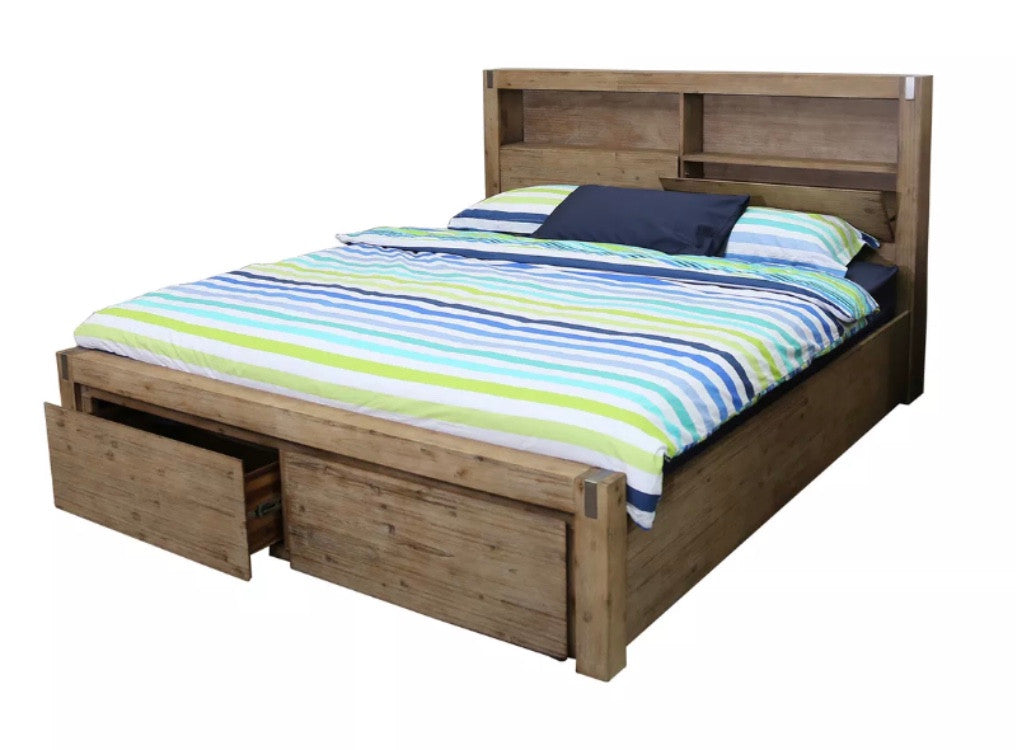 Queen Library (AUSSIE MADE) Bed With 2 Foot End Under Bed Storage Drawers - Assorted Colours