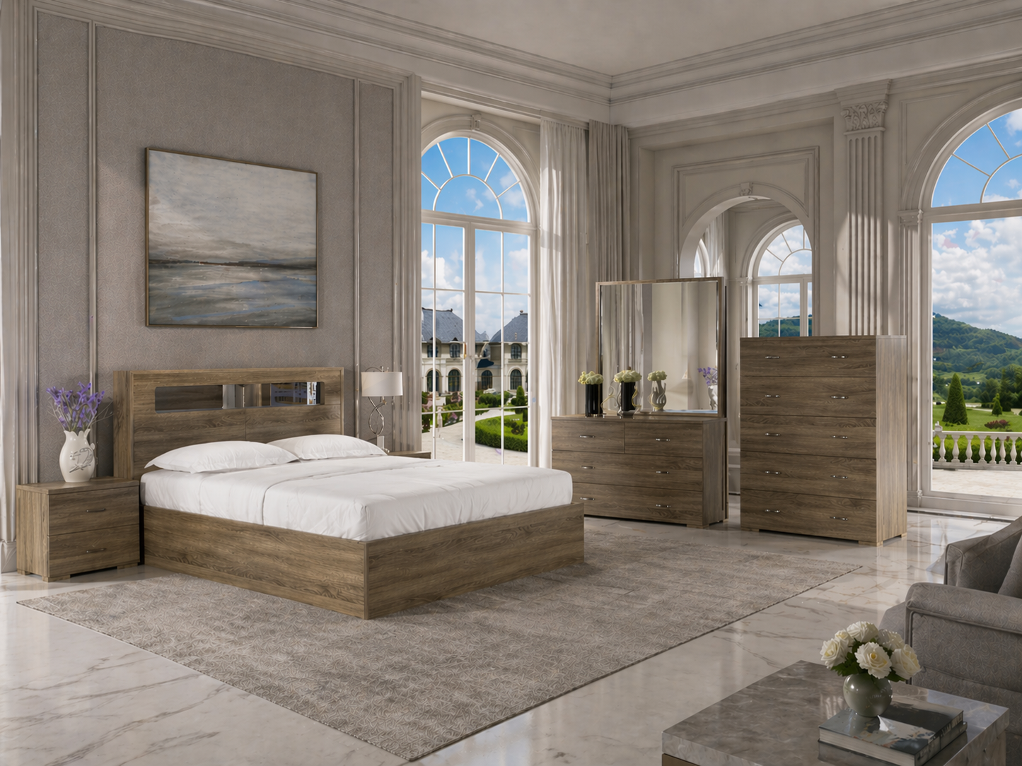 Dallas Double Or Queen 4 Piece (TALLBOY) Storage Front Gas Lift Or Side Drawers Bed - Grey Oak