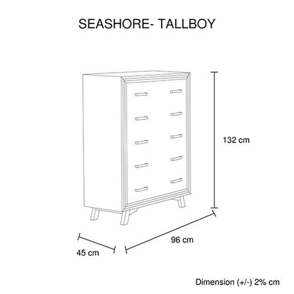 RITTENHOUSE 5 DRAWER TALLBOY - 1320(H) x 960(W) x 450(D) - SILVER BRUSH