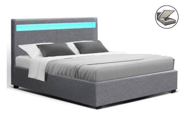 QUEEN JOHNCARL LEATHERETTE GAS LIFT STORAGE BED - GREY
