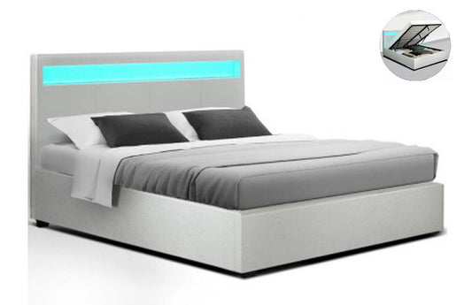QUEEN JOHNCARL LEATHERETTE GAS LIFT STORAGE BED - WHITE
