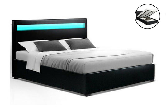 QUEEN JOHNCARL LEATHERETTE FRONT GAS LIFT STORAGE BED - BLACK