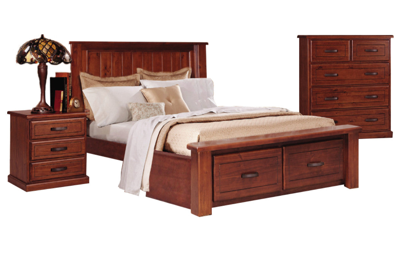 Maica Queen 4 Piece (TALLBOY) Bedroom Suite With 2 Drawers - Light Mahogany