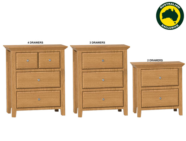 JASPER (AUSSIE MADE) BEDSIDE TABLE COLLECTION - TASSIE OAK COMBINATION - ASSORTED STAINED COLOURS - STARTING FROM $599