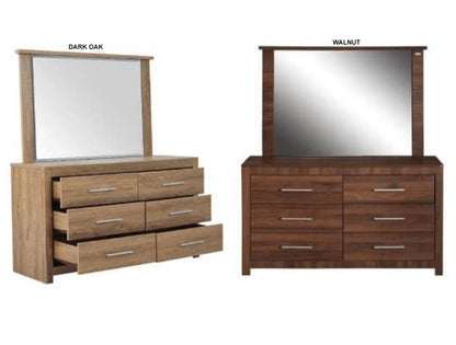 JEFFREY 6 DRAWER DRESSER WITH MIRROR - WALNUT OR DARK OAK