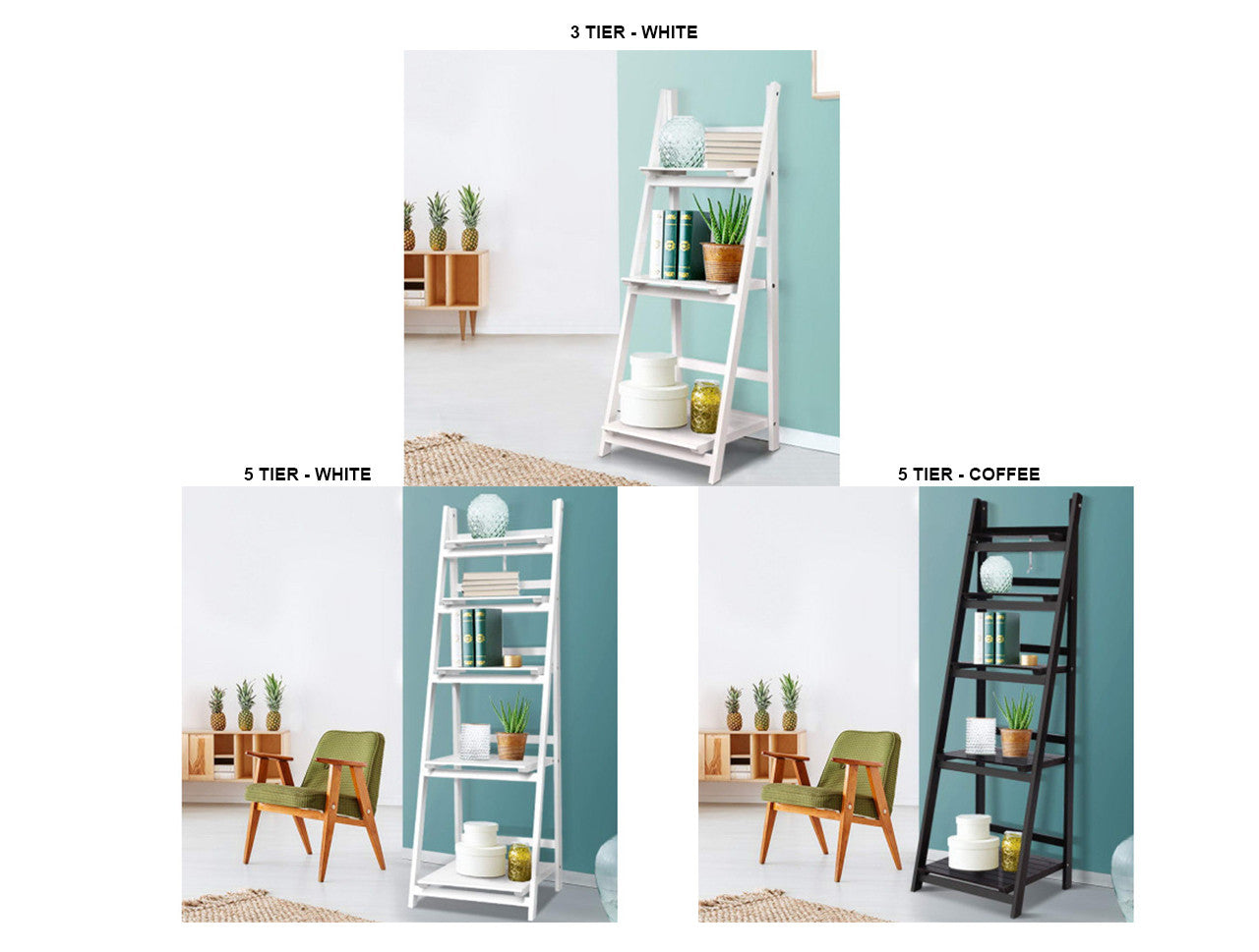 JERSEN WOODEN LADDER SHELF STAND - WHITE OR CHOCOLATE