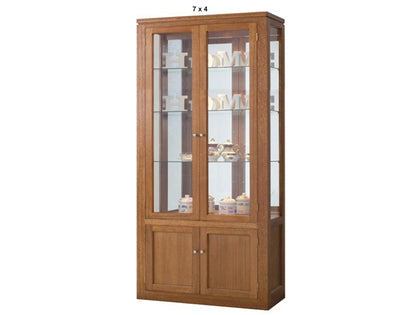 JOE (AUSSIE MADE) CHINA DISPLAY UNIT WITH GROOVE TOP WITH 4 DOORS / 2 GLASS SHELVES + MIRRORED BACK (HALF GLASS) COLLECTION - TASSIE OAK COMBINATION - ASSORTED STAINED / MARBLE COLOURS - STARTING FROM $1899