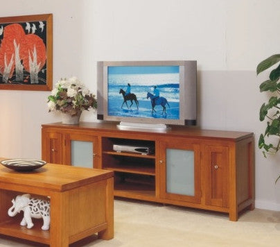 JOESUN TV UNIT WITH 2 DOORS, LEGS AND 2 DVD PULLOUTS - TASSIE OAK -  650(H) X 2000(W)  - CHOICE OF COLOURS