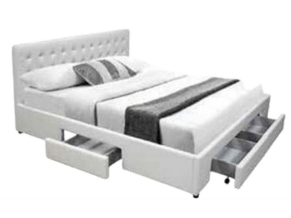 QUEEN FREEMONT LEATHERETTE BED WITH DRAWERS - WHITE