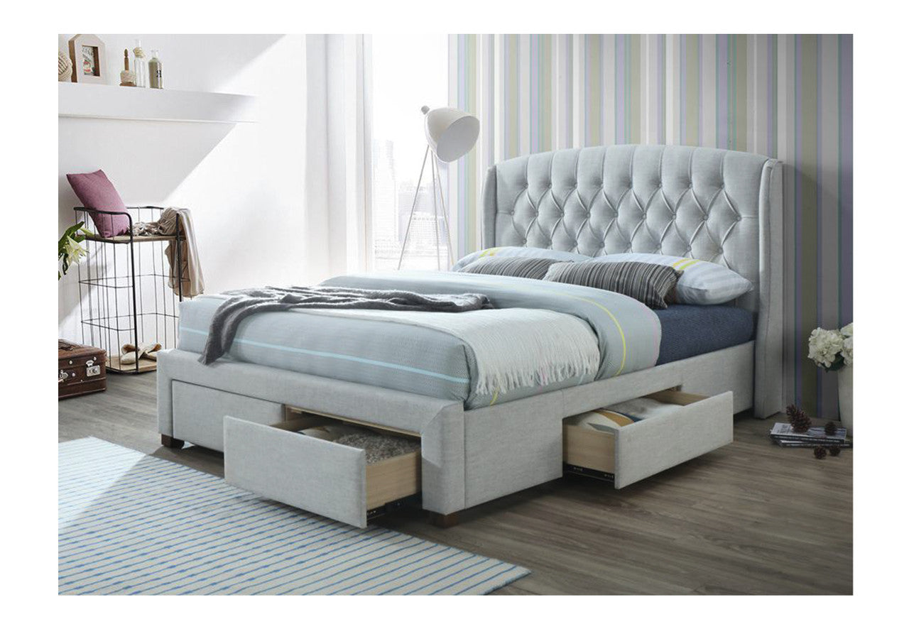 KING CALGARY LINEN FABRIC BED FRAME WITH 4 UNDER BED DRAWERS - STONE (PICTURED) OR DARK GREY