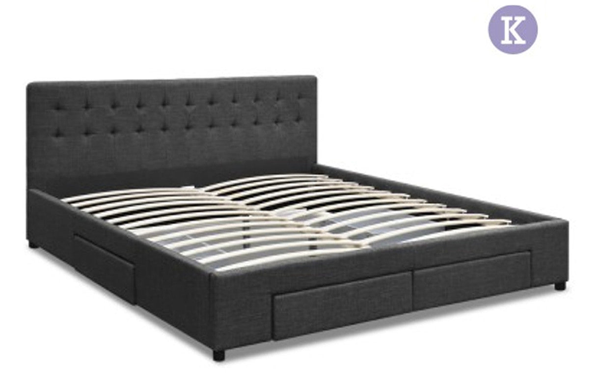 KING DEVION FABRIC BED FRAME WITH 4 STORAGE DRAWERS & TUFTED HEADBOARD - CHARCOAL
