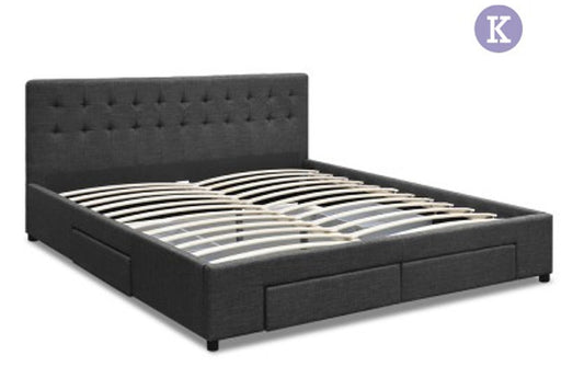 King Devion Fabric Bed Frame With 4 Storage Drawers & Tufted Headboard - Charcoal