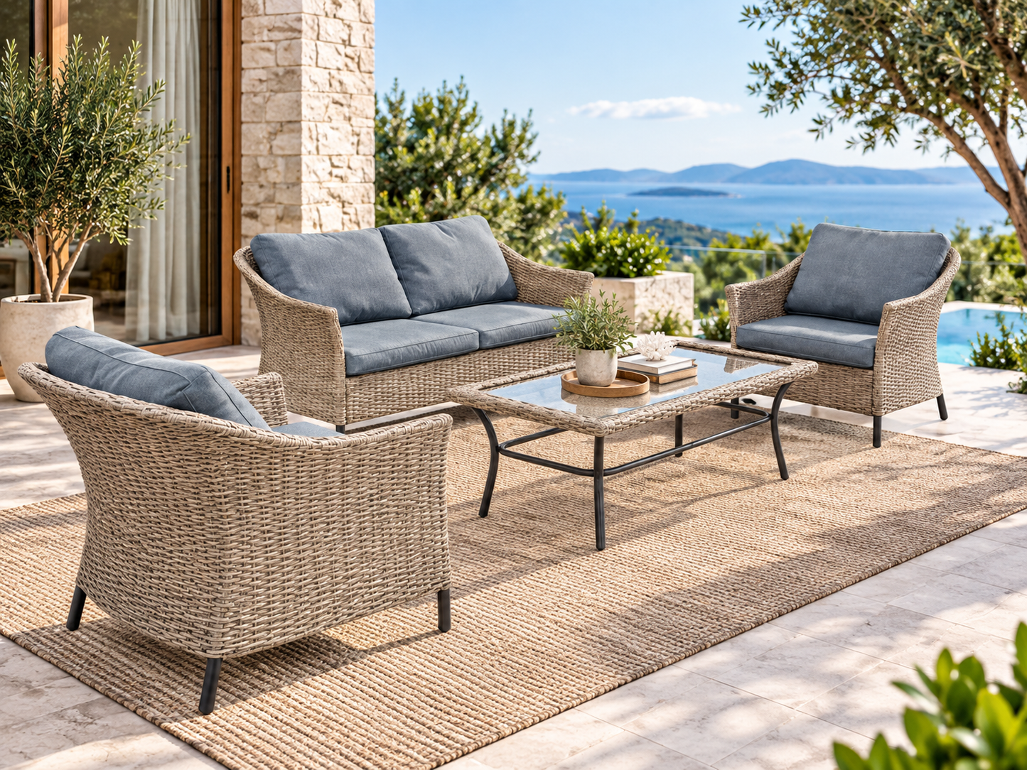 Kendal 4-Piece Outdoor Wicker Lounge Setting with Glass-Top Coffee Table