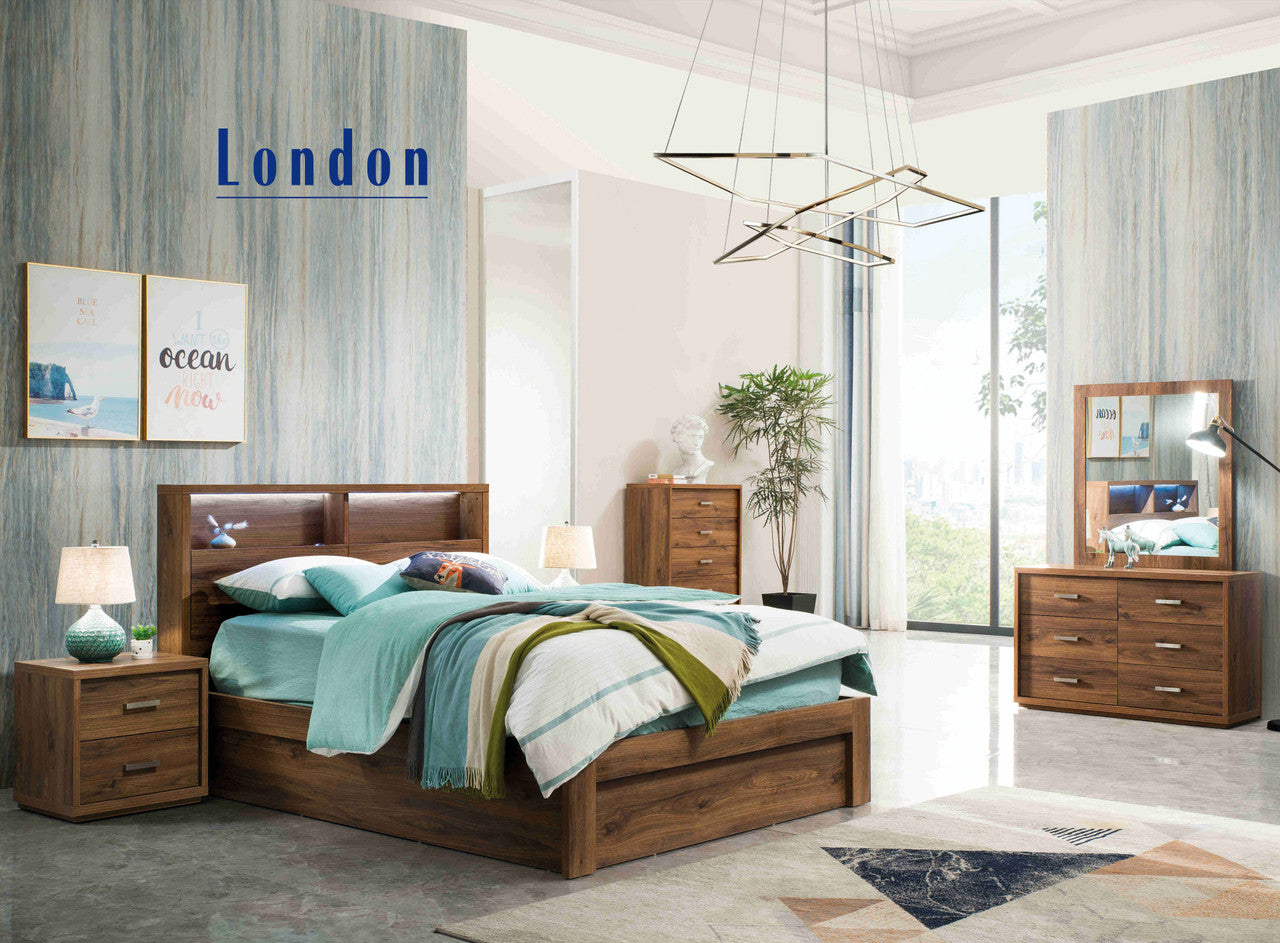 Chania Double Or Queen 5 Piece (DRESSER) With 3 Drawer Or Side Gas Lift Or Front Gas Lift Bedroom Suite- Rustic Walnut