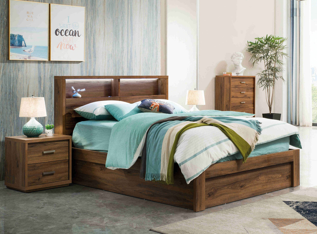 Chania Double Or Queen 3 Piece (BEDSIDE) With 3 Drawer Or Side Gas Lift Or Front Gas Lift Bedroom Suite- Rustic Walnut
