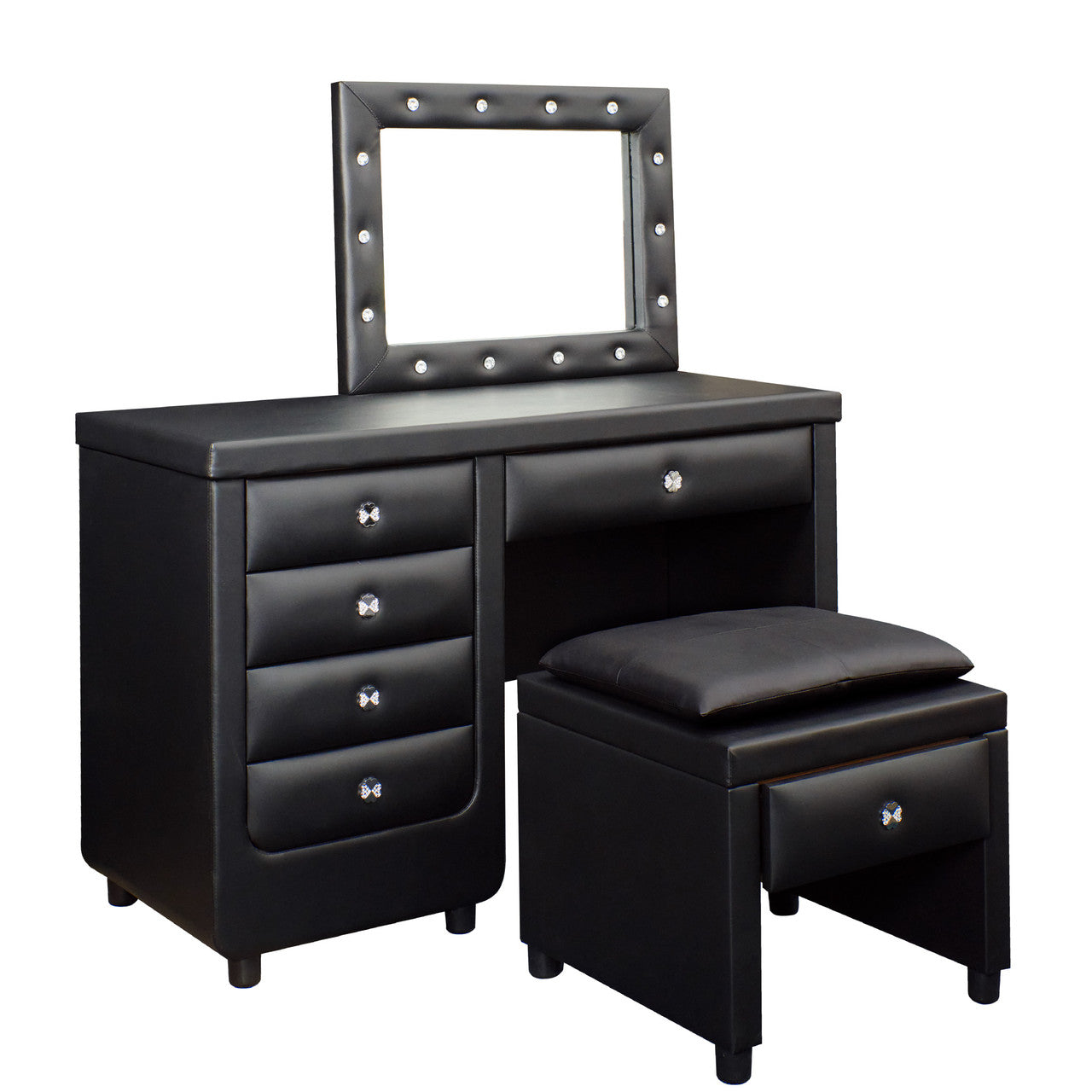 LUTHER LEATHERETTE BUTTONED OR DIAMONTE DRESSING TABLE WITH MIRROR AND STOOL (MODEL: B104#) - ASSORTED COLORS