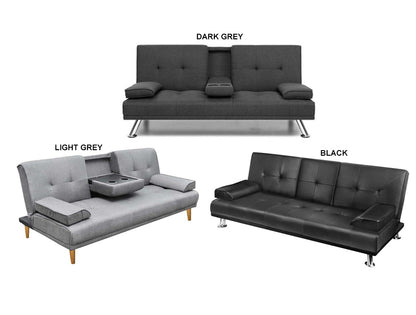 LENNY 3 SEATER FABRIC CLICK CLACK SOFA BED WITH CUP HOLDER  - ASSORTED COLOURS