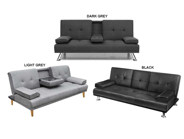 LENNY 3 SEATER FABRIC CLICK CLACK SOFA BED WITH CUP HOLDER  - ASSORTED COLOURS