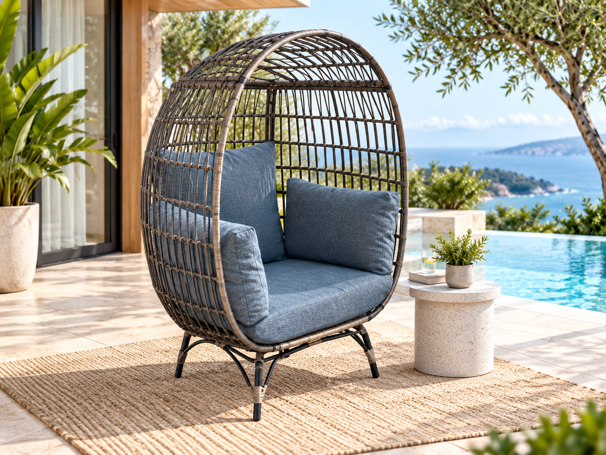 Luxe Outdoor Wicker Egg Chair with Cushions – Rattan-Style Patio Lounge Chair