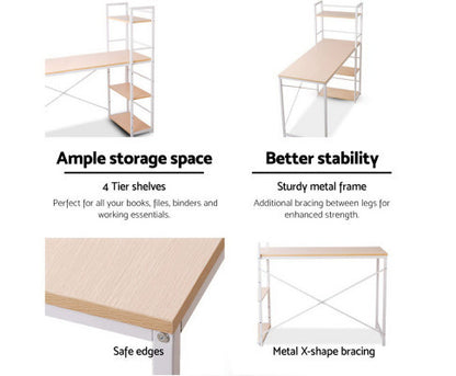 METANG OFFICE DESK WITH 4-TIER DISPLAY SHELF - WHITE / OAK