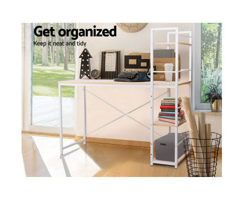 METANG OFFICE DESK WITH 4-TIER DISPLAY SHELF - WHITE / OAK