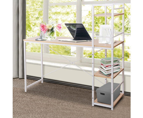 Metang Office Desk With 4-tier Display Shelf - White / Oak