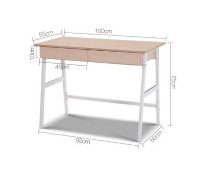 DECKO COMPUTER DESK WITH 2 DRAWERS - 1000(W) x 550(D) - WHITE METAL / OAK TOP