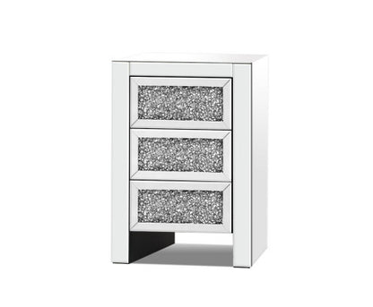 MIYUKI 3 DRAWER MIRRORED BEDSIDE TABLE - SILVER