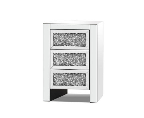 MIYUKI 3 DRAWER MIRRORED BEDSIDE TABLE - SILVER