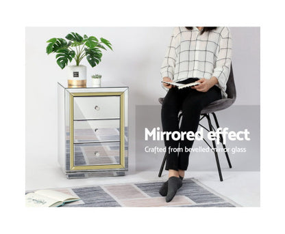 JEPERSON 3 DRAWER MIRRORED BEDSIDE TABLE - SILVER & GOLD