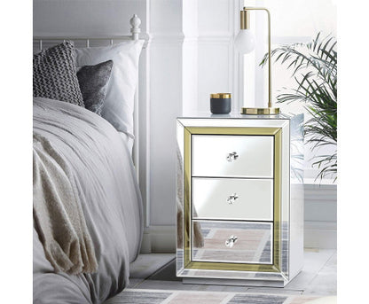 JEPERSON 3 DRAWER MIRRORED BEDSIDE TABLE - SILVER & GOLD