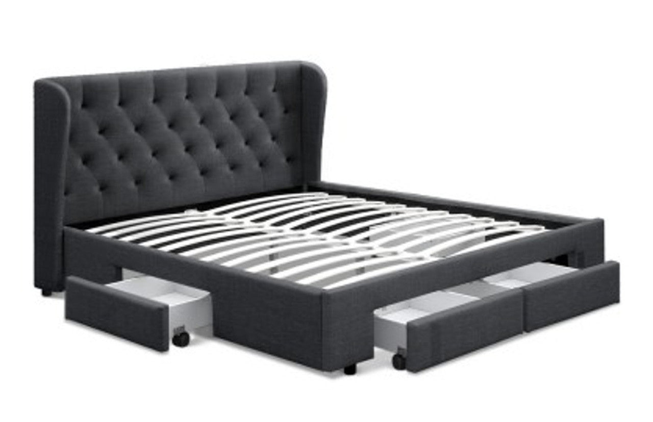 Queen Mila Fabric Bed Frame With 4 Storage Drawers - (BFRAME-F-MILA-Q-CHA-ABC)- Charcoal